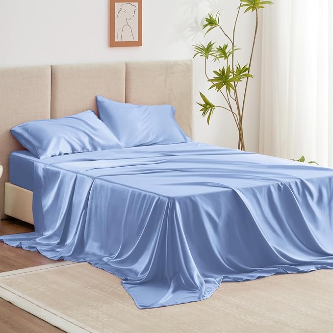 Love's cabin Satin Sheet Set - 3 Piece Sky Blue, Luxury Silky Feel, Twin Size, Deep Pockets, Wrinkle Resistant