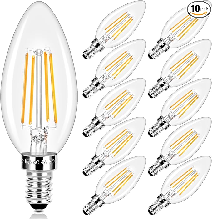 E12 LED Candelabra Bulbs 40 Watt Equivalent, 4W Vintage Candle Light Bulbs Dimmable, 470Lm Warm White 2700K B11 Edison Bulb, Filament Clear Glass Lamp Bulb for Chandelier Ceiling Fan(10 Packs)