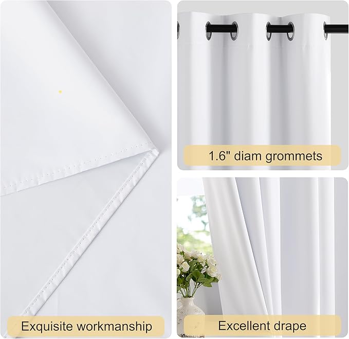 NICETOWN Cafe Curtains 100% Blackout Window Treatments, Grommet Thermal Drapes Heat Blocking Sound Reducing Curtains for Bathroom/Bedroom, White, W52 x L45, 2 Panels