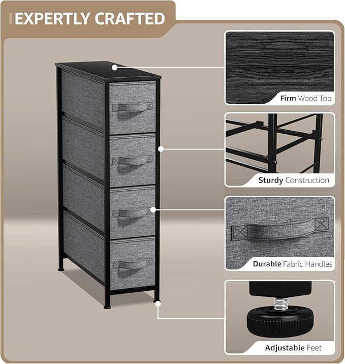 Sorbus Narrow Dresser with 4 Drawers - Vertical Slim Storage Chest of Drawers with Steel Frame, Wood Top & Easy Pull Fabric Bins for Small Spaces, Closets, Bedroom, Bathroom & Laundry (Black/Charcoal)