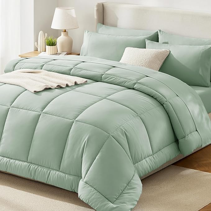CozyLux Twin XL Comforter Set Sage Green, 5 Pieces Twin Extra Long Bed in a Bag for College Dorm, All Season Bedding Set with Stitch Quilted Comforter, Flat Sheet, Fitted Sheet, Pillowcases