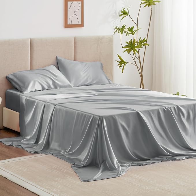 Love's cabin Twin Satin Sheets Sets - 3 Piece Silver Silky Bed Sheets with Deep Pockets, Luxury Silk Feel Satin Twin Size Sheet Set Bedding Set (1 Flat Sheet,1 Fitted Sheet,1 Pillow case)