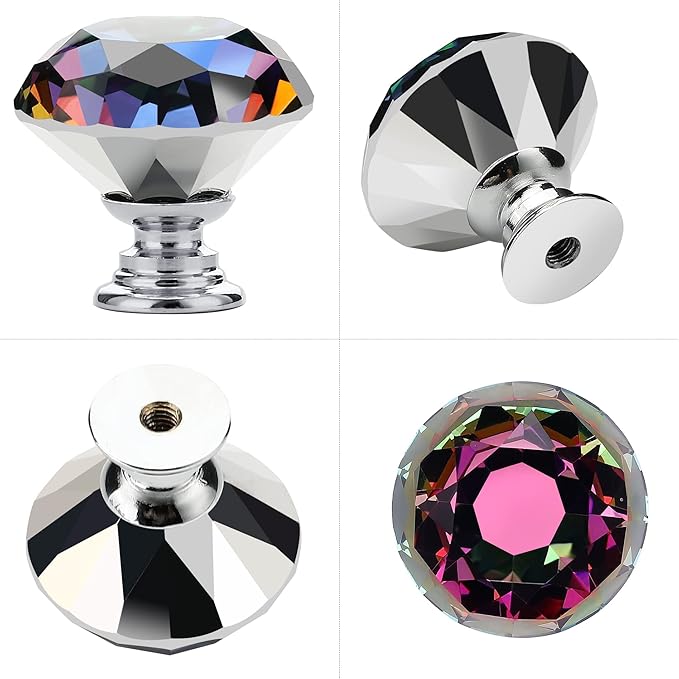 Ravinte 5 Pack Colorful Crystal Knobs for Dresser Drawers Glass Cabinet Knobs Diamond Shaped Drawer Knobs - 30 mm Knobs with Black Base