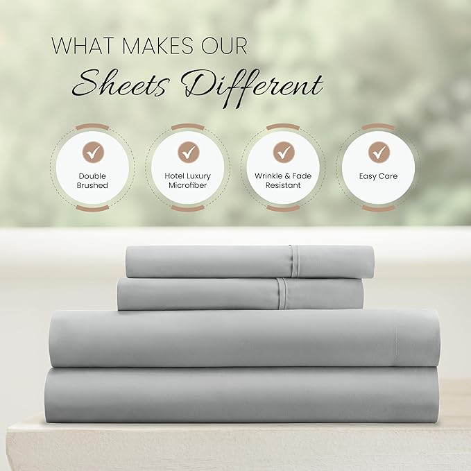 Linen Market Double-Brushed Microfiber California King Sheet Set 4 Piece – Oeko-TEX Certified Ultra Soft & Wrinkle-Free - 16" Deep Pocket Sheets Easy Care Cal-King Size - Light Gray