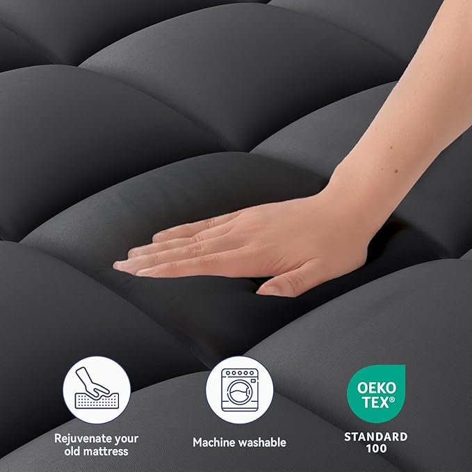 ELEMUSE King Black Mattress Topper for Back Pain, Extra Thick Mattress Pad Cover, Plush Soft Pillowtop with Elastic Deep Pocket, Overfilled Down Alternative Filling