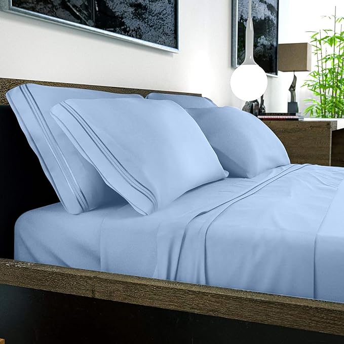 DREAMCARE Queen Sheet Set – 6 pcs Cooling Bed Sheets – up to 21” Deep Pocket Queen Sheets Set – 2500 Supreme Collection – Extra Soft 100% Brushed Microfiber Hotel Luxury with Side Pocket – L Blue