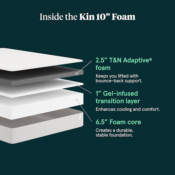 Kin By Tuft & Needle Medium Firm 10" Twin Adaptive Foam Mattress in a Box, Cooling Pressure Relief, Balanced Support, 100 Night Trial, Fiberglass-Free, CertiPUR-US, 10-Year Limited Warranty
