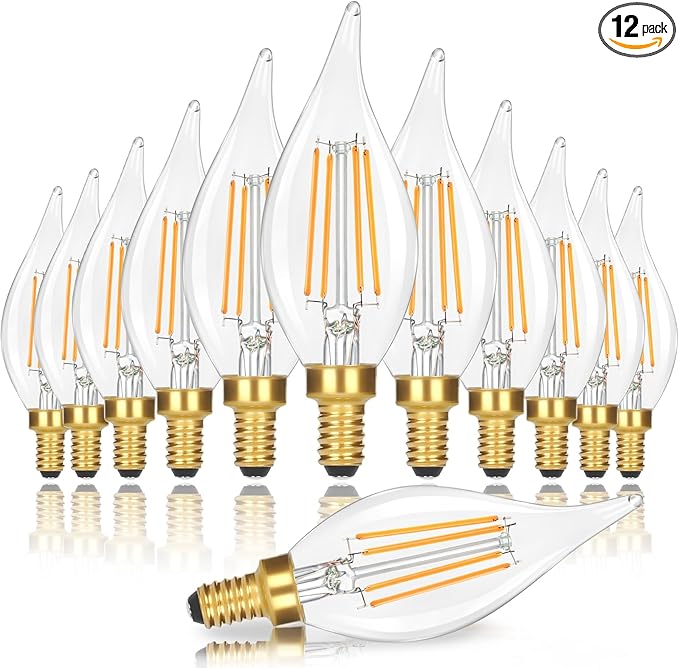 Dimmable E12 Candelabra LED Light Bulbs 40W Equivalent, 2700K Soft Warm White Chandelier Light Bulbs, 4W 460 LM Flame Tip Candle Light Bulbs, 12-Pack