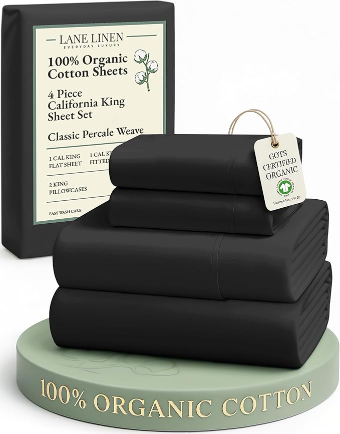 Lane Linen 100% Organic Cotton California King Sheets Set, 4-Piece Pure Organic Cotton Long Staple Percale Weave Ultra Soft Best Bedding Sheets for Bed, Breathable, Fits Mattress Upto 15" Deep - Black