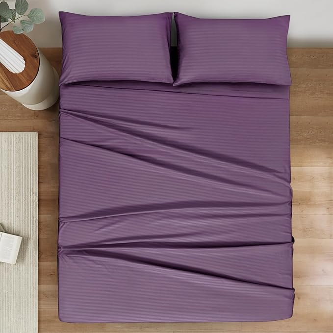 Mejoroom Striped King Size Bed Sheet Set - Hotel Luxury 1800 Bedding Sheets & Pillowcases - 15" Deep Pocket Fitted Sheet, Soft, Breathable, Wrinkle & Fade Resistant - 4 Piece(02-Purple)