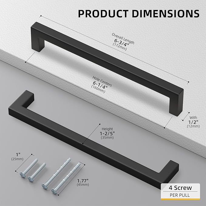 Goldenwarm 1 Pack Black Square Bar Cabinet Pull Drawer Handle Stainless Steel Modern Hardware for Kitchen and Bathroom Cabinets Cupboard,Center to Center 6-1/4in(160mm)