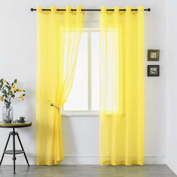 Yellow Curtains 120 Inches Long for Bedroom 2 Panels Grommet Voile Drapes Semi Sheer Light Filtering Sliding Glass Door Curtains for Floor Length Windows Patio Living Room Wide 52x120 Inch Length