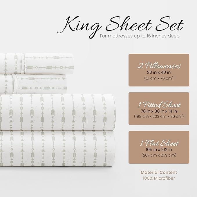 Linen Market 4 Piece King Sheet Set - Breathable, Double-Brushed Patterned Cooling Sheets – Oeko-TEX Certified Ultra Soft & Wrinkle-Free 16" Deep-Pocket King Sheets - Easy Care Beaded Arrows Gray