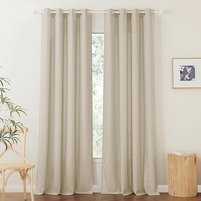 RYB HOME Flax Linen Blend Sheer Curtains for Living Room, Semi Sheer Curtains & Drapes Grommet Farmhouse Country Boho Style Window Curtains for Bedroom Sliding Glass Door, W52 x L108, 2 Pcs, Beige
