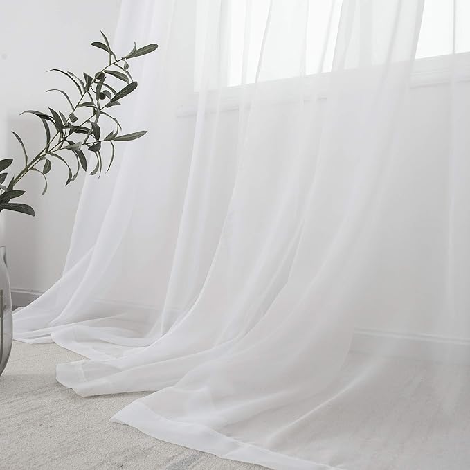 White Sheer Curtains 54 inches Long for Bedroom Top Rod Pocket Sheer Window Panels Curtains for Nursery Living Room 52 by 54 Inch Length Set of 2