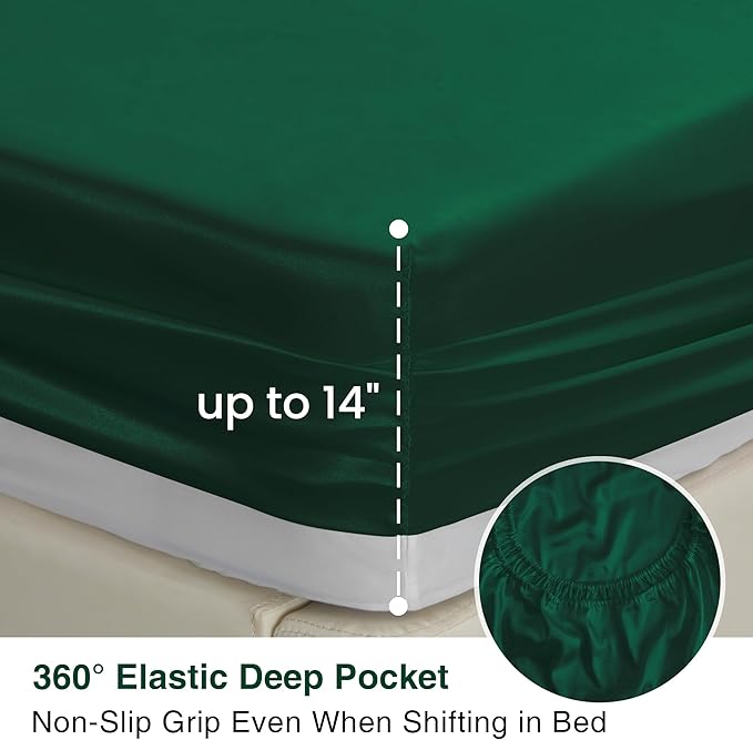Love's cabin Twin XL Satin Sheet Sets - 3 Piece Dark Green Silky Bed Sheets with Deep Pockets, Luxury Silk Feel Satin Sheet Set Twin XL (1 Flat Sheet,1 Fitted Sheet,1 Pillow case)