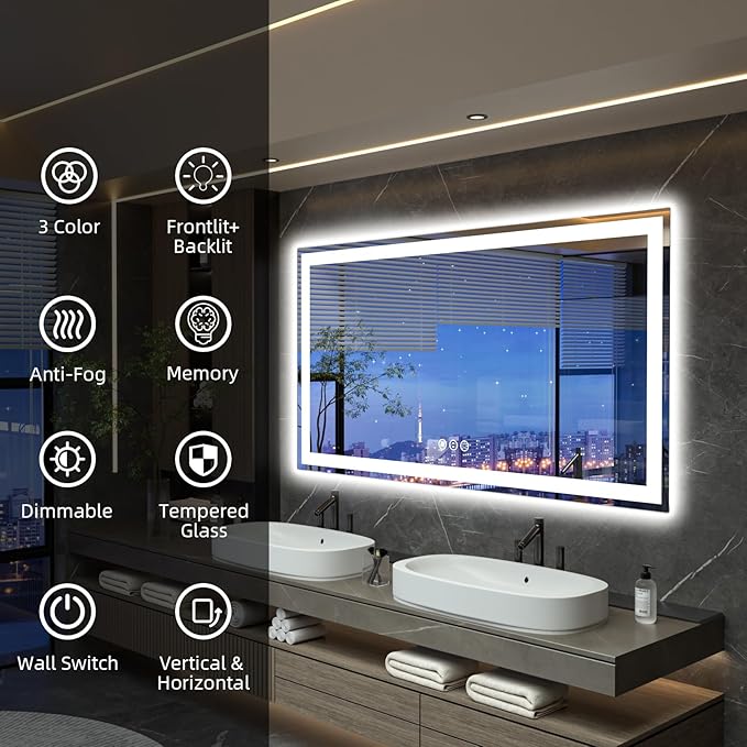 60"x 40" LED Bathroom Mirror with Lights, Front and Backlight, Dimmable Smart Mirror Bathroom, Anti-Fog, 3 Colors Lighted Bathroom Vanity Mirror for Wall Tempered Glass (Horizontal/Vertical)