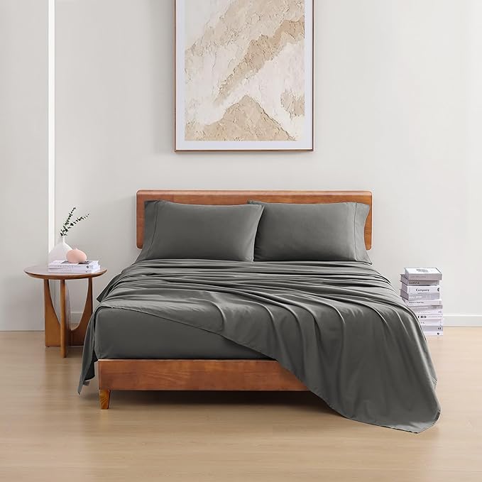LANE LINEN 100% Organic Cotton 3Pc Bed Sheets Twin Size, Classic Percale Weave, Soft & Comfy Fully Elasticized Naturally Cooling Cotton Sheets, Low Pill Machine wash Twin Sheet Set- Charcoal