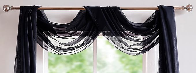 Warm Home Designs 12 Feet Long Sheer Black Window Scarf. These Standard Length Valance Window Scarves are 54 X 144 Inches in Size. Great as Bed Canopy or Wedding Arch Draping Fabric. AM Black 144"