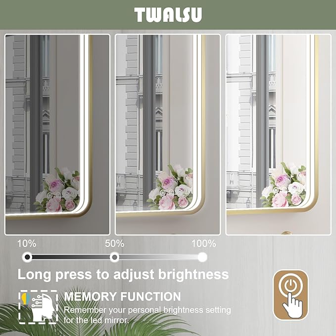 60x36 Inch LED Bathroom Mirror with Lights, Gold Metal Framed LED Mirror for Bathroom, 3 Colors and Stepless Dimmable Wall Mounted Lighted Bathroom Vanity Mirror, Anti-Fog, Memory