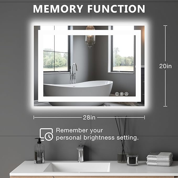 DUMOS 28"x 21" LED Bathroom Mirror with Lights, Dimmable Anti-Fog Front Lit Backlit Lighted Wall Mounted Rectangle for Vanity Makeup Memory Function Tempered Glass Shatter-Proof Horizontal&Vertically