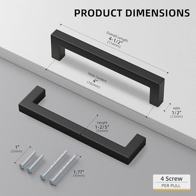 goldenwarm 200 Pack 4 Inch Black Cabinet Handles Matte Black Drawer Pulls Stainless Steel Cabinets Hardware Square Bar Modern for Kitchen Bathroom Cupboard