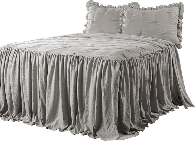 Lush Decor Ravello Pintuck Ruffle Skirt Bedspread Set - Luxe 3 Piece Ruffled Bedding Set - Traditional Glam & Farmhouse Inspired Bedroom Decor - King, Light Gray