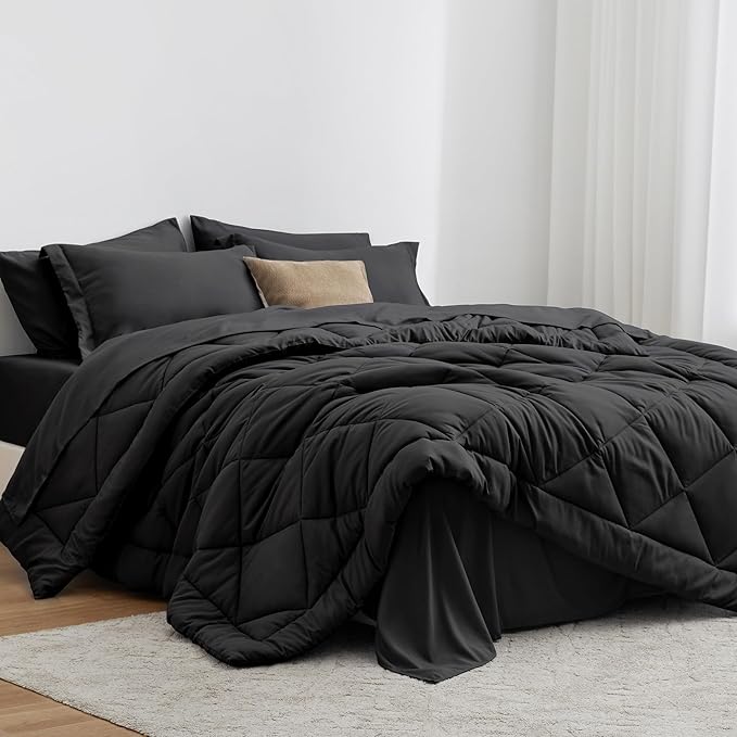 Love's cabin Twin XL Comforter Set Black, 5 Pieces Twin XL Bed in a Bag, All Season Bedding Sets with 1 Comforter, 1 Flat Sheet, 1 Fitted Sheet, 1 Pillowcase and 1 Pillow Sham