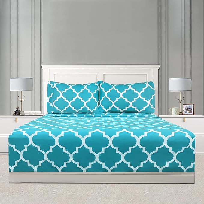 Mejoroom Full Bed Sheet Set - Super Soft Brushed Microfiber 1800 Thread Count Sheets with 16 inch Deep Pocket - Wrinkle Free - 4 Piece(Full, Aqua Quatrefoil with White Pattern)