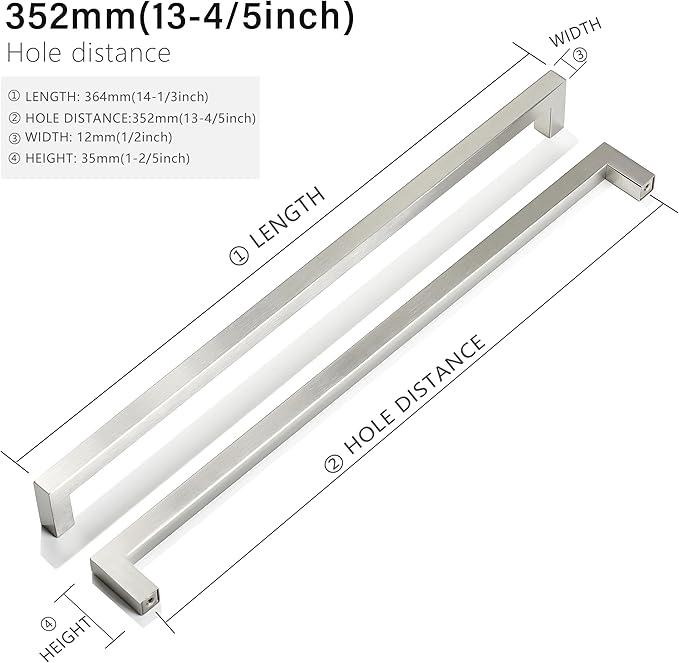 Cabinet Pulls Brushed Nickel Cabinet Handles Square Drawer Pulls, 10 Pack 13-4/5 Inch Stainless Steel Kitchen Door Cupboard Cabinet Handles, Hardware Drawer Handles, 352mm Hole Centers