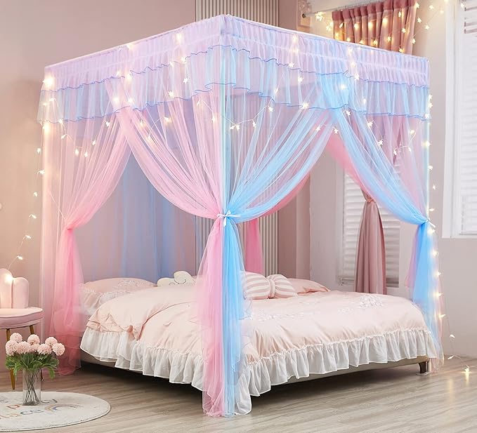 Mengersi Rainbow Canopy Bed Curtains with Lights -Bed Canopy for Girls - Bed Drapes Netting- Bedroom Decoration Accessories,California King