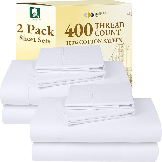 California Design Den 2-Pack Queen Bedsheet Sets - 400 Thread Count 100% Cotton Sateen - Extra Soft, Breathable & Cooling Sheets, Wrinkle Resistant, 2 Sets of Deep Pocket Bed Sheets - Bright White