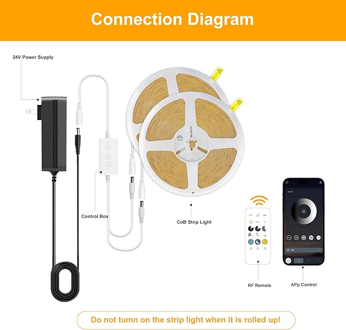 COB LED Strip Lights Warm White,24V Dimmable led Light Strip KIT with Remote and app Control,2700K 32.8FT/2 * 5m 8mm Wide Ra>90 Cuttable Flexible Strip Lights for Bedroom,Shelf,Cabinet