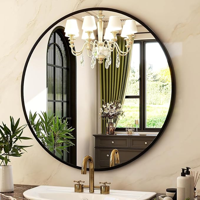 HARRITPURE Round Mirror 30 Black Wall Mounted Circle Mirrors Vanity Mirror with Brushed Aluminum Alloy Frame Modern Decoration for Bathroom, Living Room, Vanity, Bedroom, Entryway