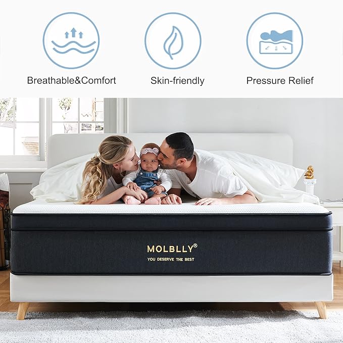 Molblly Queen Mattress14 Inch Hybrid Mattress in a Box with Gel Memory Foam, Individually Wrapped Pocket Coils Innerspring, Pressure-Relieving and Supportive, Non-Fiberglass,Queen Size