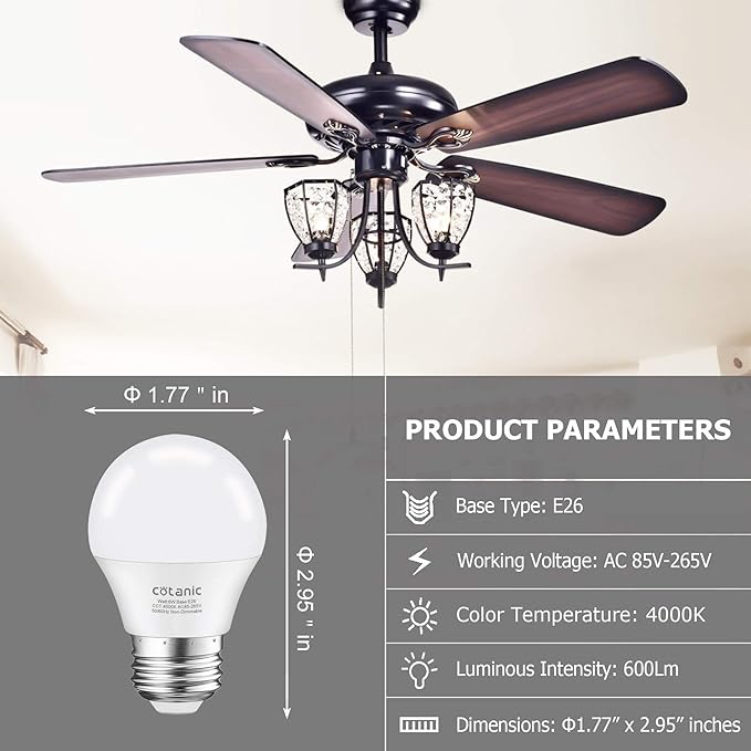 Cotanic 8 Pack A15 LED Ceiling Fan Light Bulbs 4000K Natural Daylight, 6W Small Light Bulb for Chandelier 60W Equivalent, E26 Standrad Base, 600lm, CRI 80+, Non-Dimmable