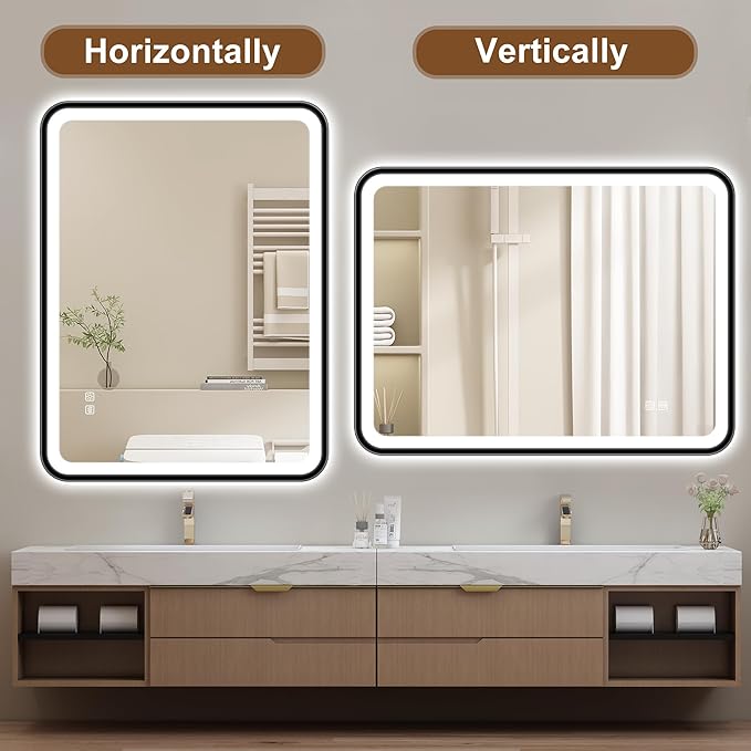 S'bagno 32X24 Black LED Mirror for Bathroom with Frontlit & Backlit, LED Bathroom Mirror with Metal Frame, Anti-Fog, Stepless Dimmable, 3 Colors Temperature LED Vanity Mirror(Horizontal/Vertical)
