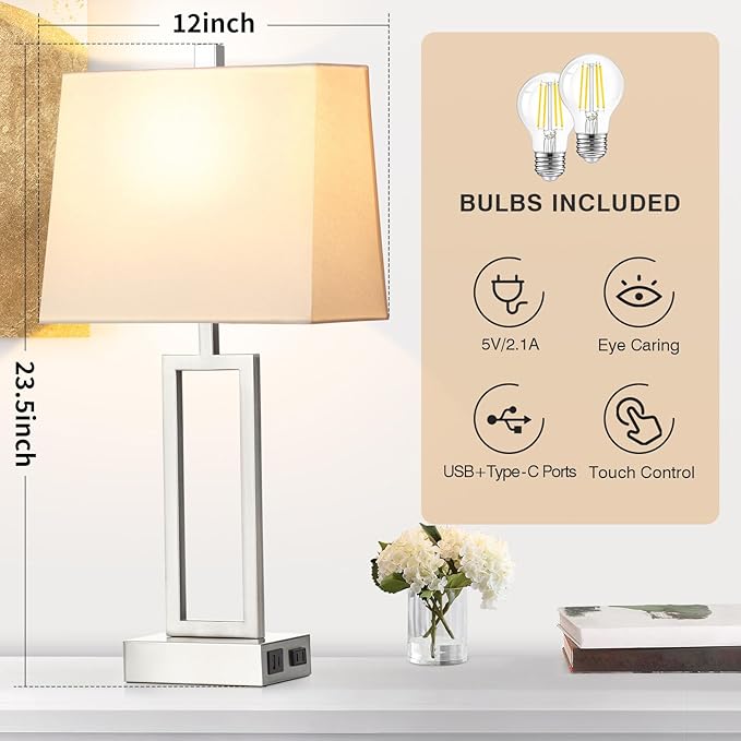 Touch Control Table Lamps for Living Room, 3-Way Dimmable Modern Table Lamp with USB A+C Charging Ports & AC Outlets, Bedside Contemporary Nightstand Desk Lamps with Fabric White Shade for Bedrooms