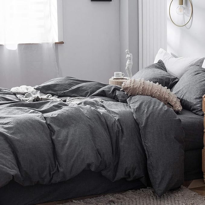 MooMee Bedding Duvet Cover Set 100% Washed Cotton Linen Like Textured Breathable Durable Soft Comfy (Heathered Dark Grey, Super King Plus 120"x120")