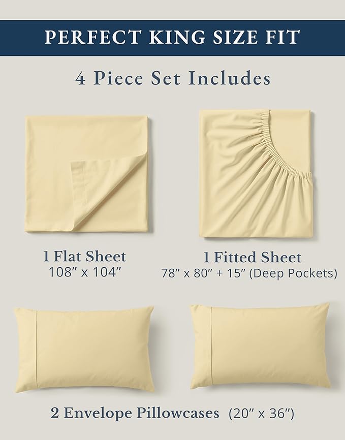 LANE LINEN 100% Organic Cotton King Size Bed Sheets, All Season Soft & Comfy Fully Elasticized Mercized Cotton King Sheets, 15" Deep Pocket Luxury Bed Sheets King Size- Vanilla