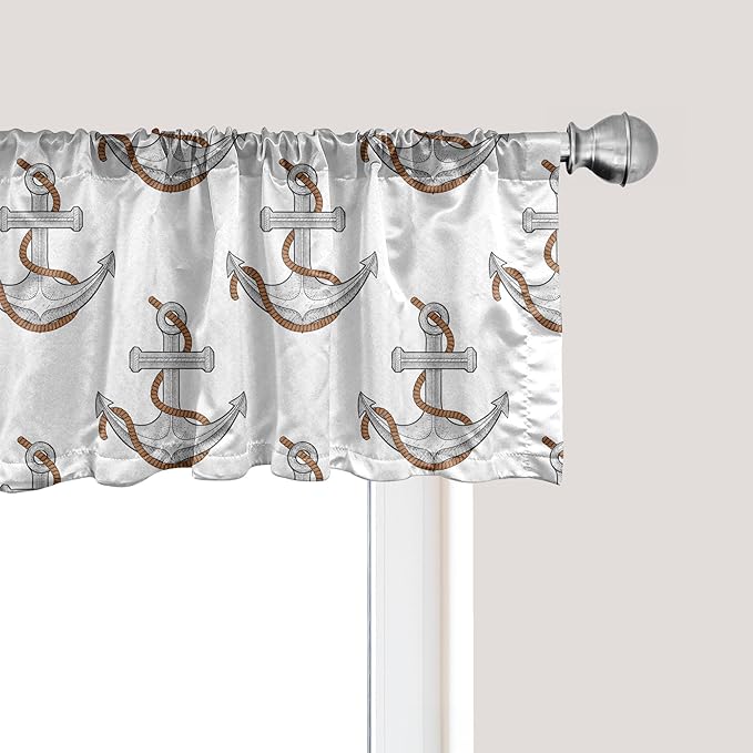 Ambesonne Vintage Nautical Tattoo Window Valance, Repetitive Anchor and Motif Maritime Pattern, Curtain Valance for Kitchen Bedroom Decor with Rod Pocket, 42" x 12", Pale Cinnamon Pale Grey