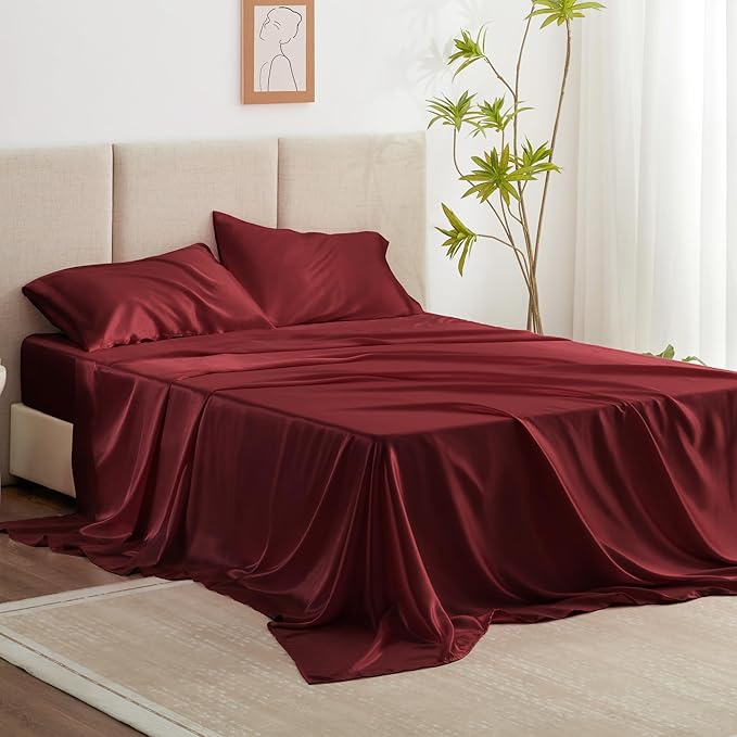 Love's cabin Twin XL Satin Sheet Sets - 3 Piece Burgundy Silky Bed Sheets with Deep Pockets, Luxury Silk Feel Satin Sheet Set Twin XL (1 Flat Sheet,1 Fitted Sheet,1 Pillow case)