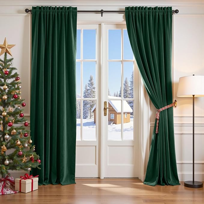 Lazzzy Velvet Blackout Curtains Thermal Insulated Room Window Drapes Super Soft Luxury Curtains for Living Room Bedroom Rod Pocket 2 Panels, Emerald Green, 42" W x 120" L