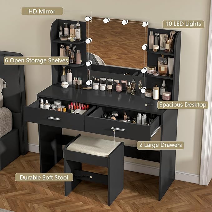 usikey Vanity Desk with Mirror and Lights, Vanity Makeup Table Set with 2 Drawers & 6 Open Shelves, Makeup Vanity Desk Dressing Table with Cushioned Stool, Black