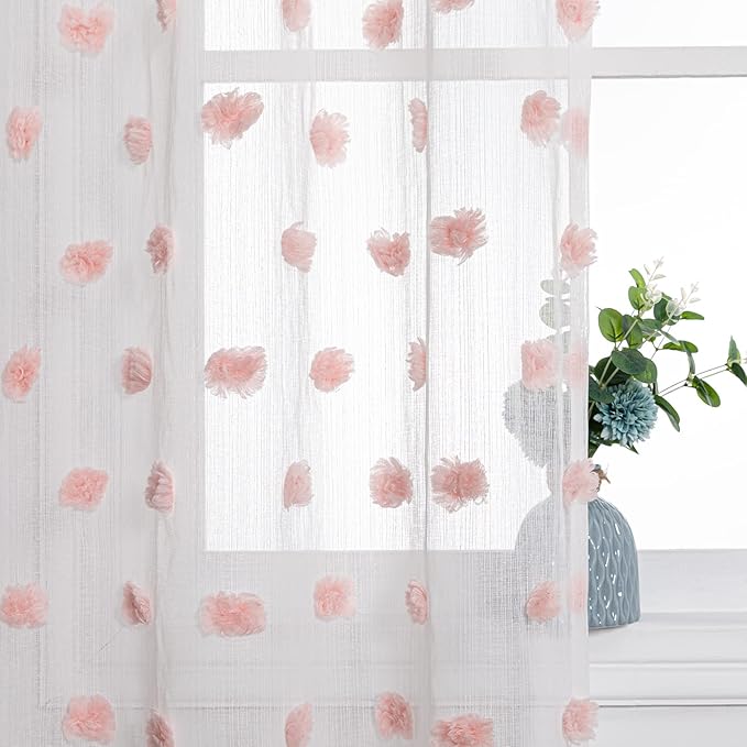 MYSKY HOME Pink Pom Pom Curtains for Living Room Nursery White Sheer Curtains for Girls Bedroom 63 Inch Length Long Window Curtains for Kids Room 2 Pieces Rod Pocket Farmhouse Window Drapes 37" x 63"