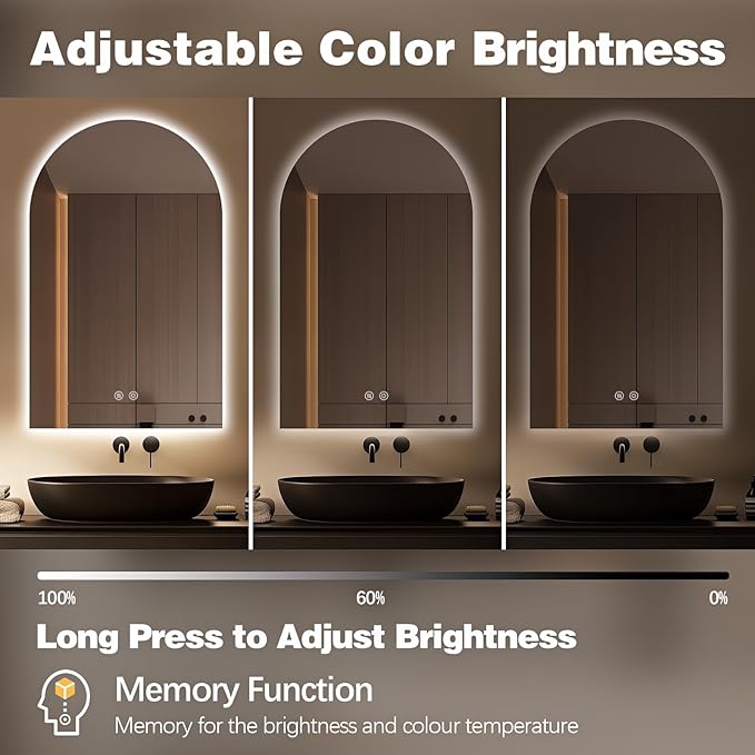 Niccy Arched LED Bathroom Mirror, 32x20 Inch Arch Frameless Backlit Mirrors for Wall Arched Lighted Vanity Mirrors Defogger and 3 Color, Explosion-Proof, HD Glass and IP65 Waterproof