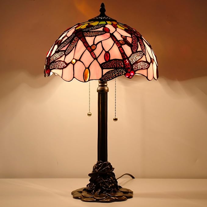 Tiffany Stained Glass Table Lamp 12X12X21Inch Resin Base Desk Bedroom Living Room Reading Light (Pink Dragonfly)