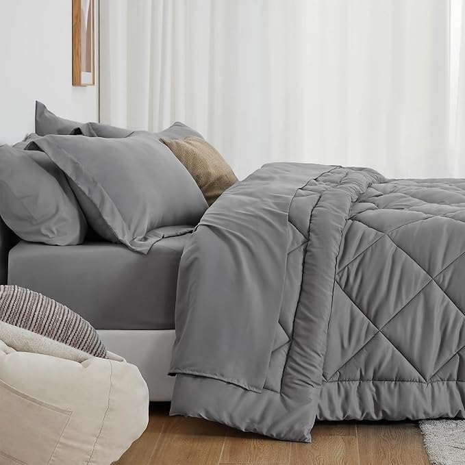 Love's cabin King Size Comforter Set Grey, 7 Pieces King Bed in a Bag, All Season Bedding Sets with 1 Comforter, 1 Flat Sheet, 1 Fitted Sheet, 2 Pillowcase and 2 Pillow Sham