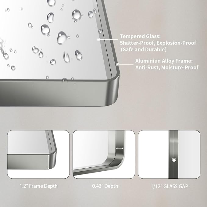 LOAAO 55X30 Inch Brushed Nickel Bathroom Mirror, Rounded Rectangle Silver Metal Frame Mirror, Brushed Nickel, Anti-Rust, Shatter Proof, Hangs Horizontally or Vertically