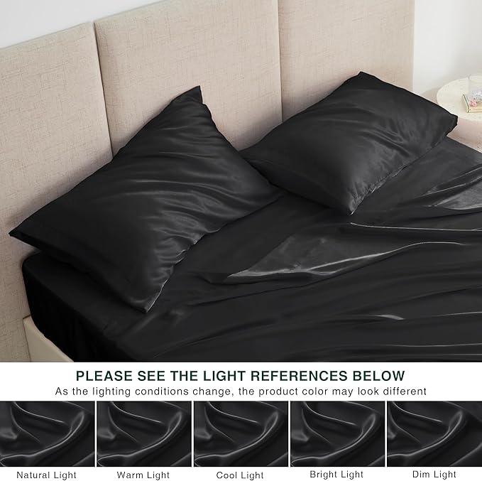Love's cabin Satin Queen Sheets Set - 4 Piece Black Silky Bed Sheets Set with Deep Pocket, Luxury Silk Feel Satin Queen Size Sheet Set (1 Flat Sheet,1 Fitted Sheet,2 Pillow Cases)